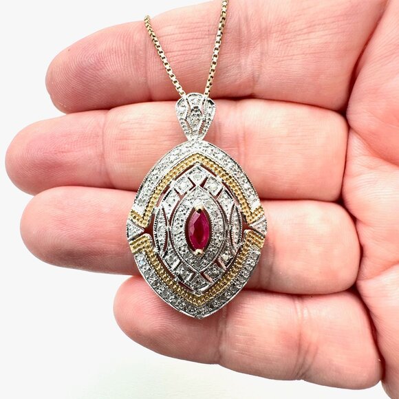 Womens Necklace 10K Yellow White Gold Diamond Ruby 1.5 Pendant 22 Inch 8.6 Grams - Picture 2 of 5